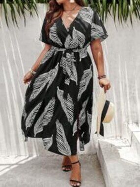 Plus Size 2XL Faux Wrap Dress Black White Tropical Flutter Sleeve